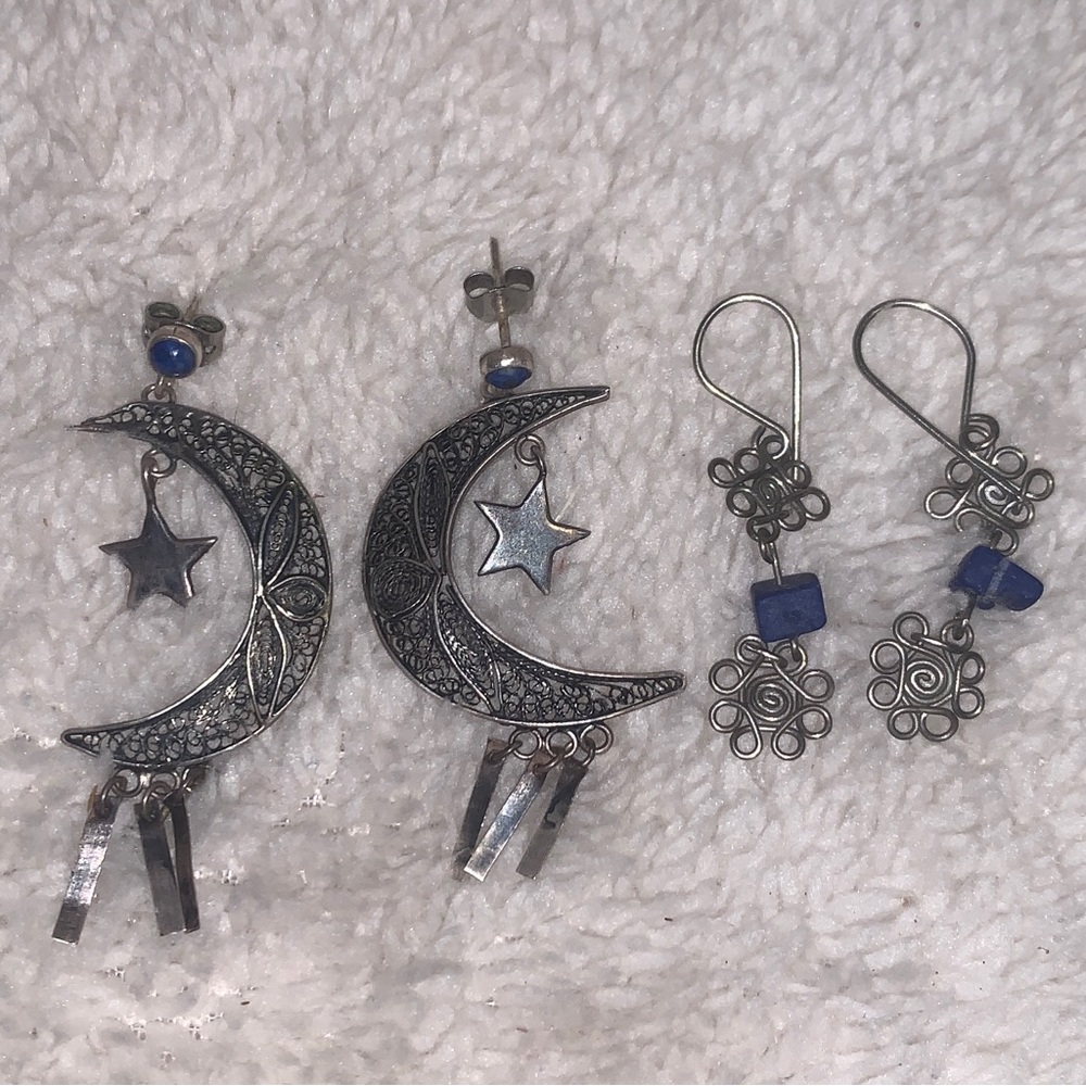 Blue Stone and Silverplated Two set of earings Filigree